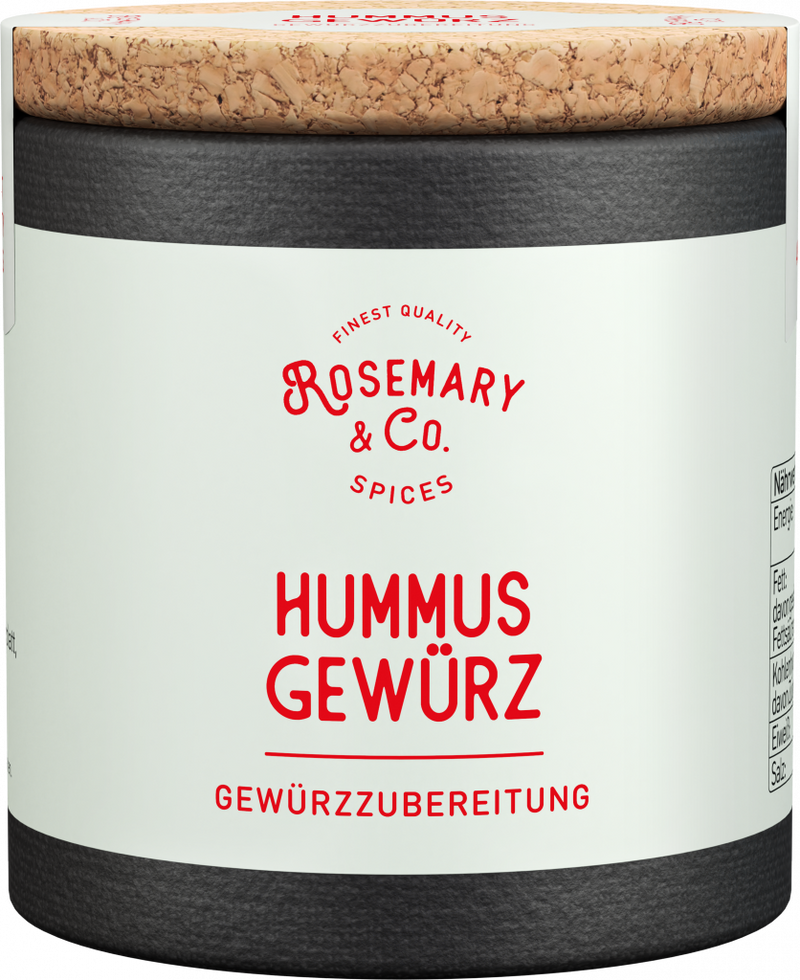 Dose mit Korkdeckel und weißem Etikett, Aufschrift Rosemary & Co. Gewürze Hummus Gewürze1