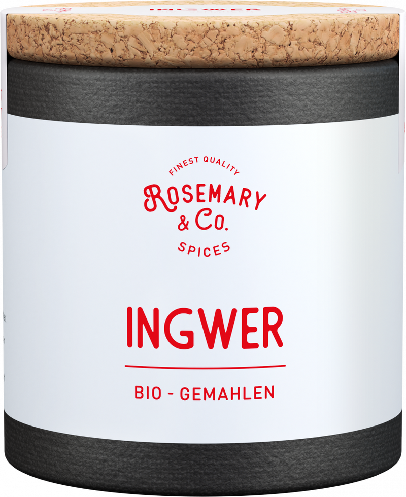 Schwarze und weiße Dose mit Korkdeckel, Aufschrift Rosemary & Co. Gewürze Bio Ingwer in roter Schrift1