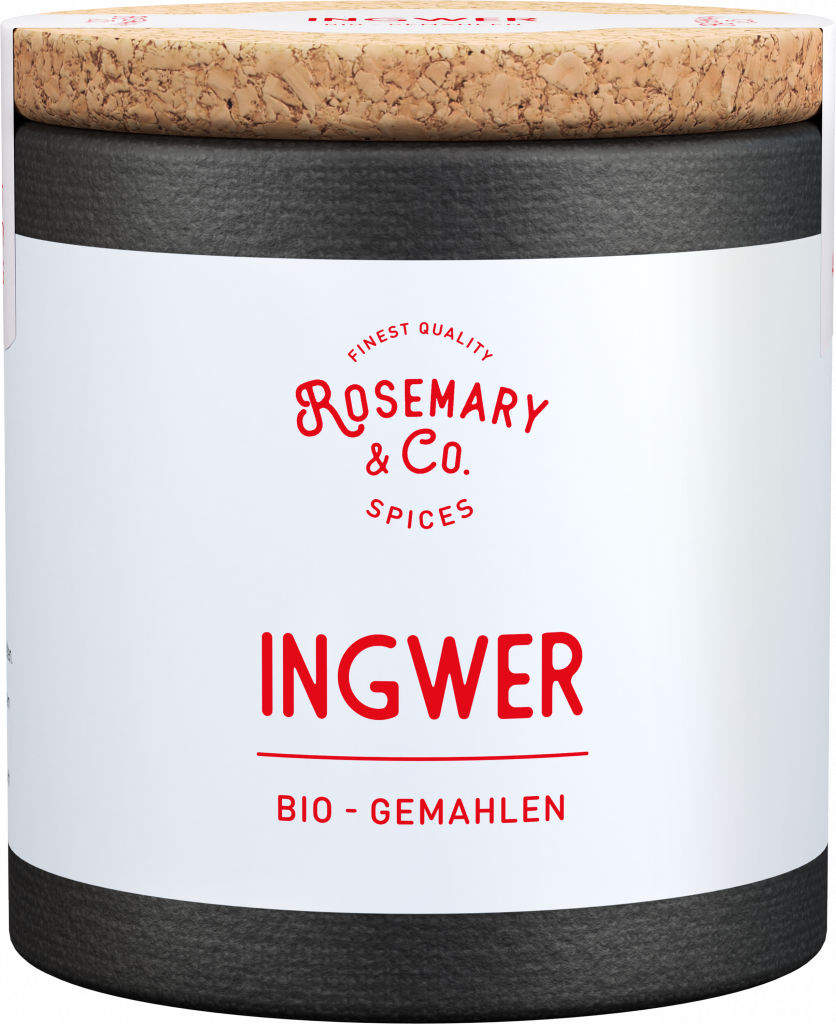 Schwarze und weiße Dose mit Korkdeckel, Aufschrift Rosemary & Co. Gewürze Bio Ingwer in roter Schrift