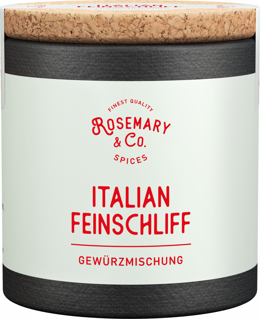 Dose mit Korkdeckel und weißem Etikett, Aufschrift Rosemary & Co. Gewürze Italian Feinschliff