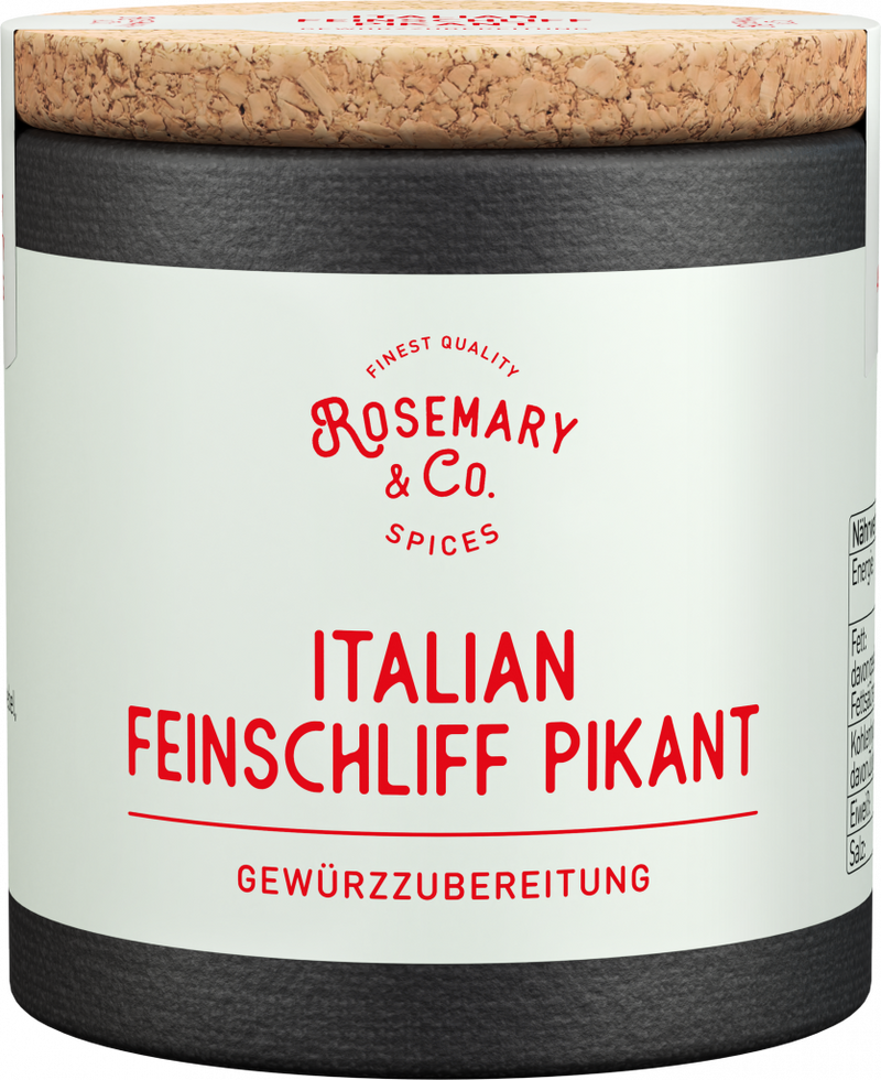 Runde Dose mit Aufschrift Rosemary & Co. Gewürze Italian Feinschliff Pikant, Korkdeckel1