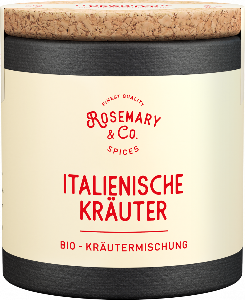 Dose Italienische Kräuter Bio von Rosemary & Co Gewürze mit Korkdeckel und cremefarbenem Etikett