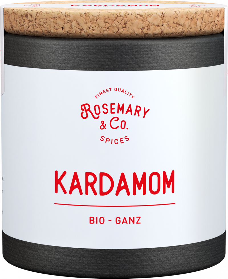 Dose mit weißem Etikett, Aufschrift Rosemary & Co. Gewürze Bio Kardamom, Korkdeckel1