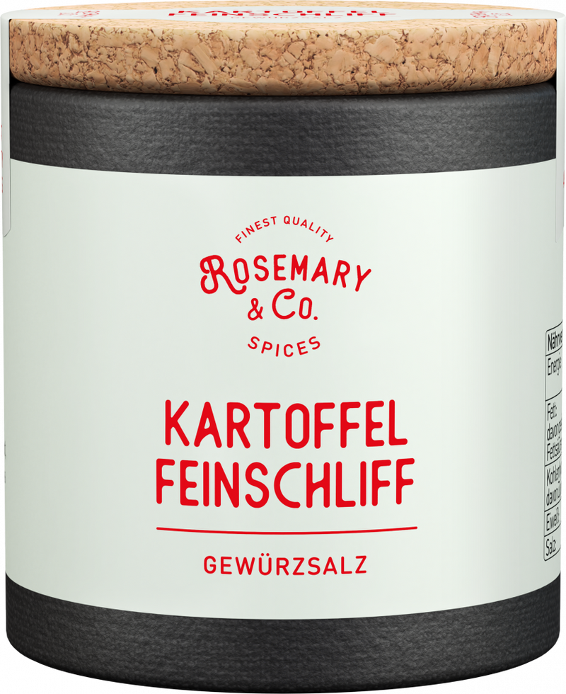 Dose Rosemary & Co. Gewürze Kartoffel Feinschliff mit Korkdeckel und weißem Etikett1