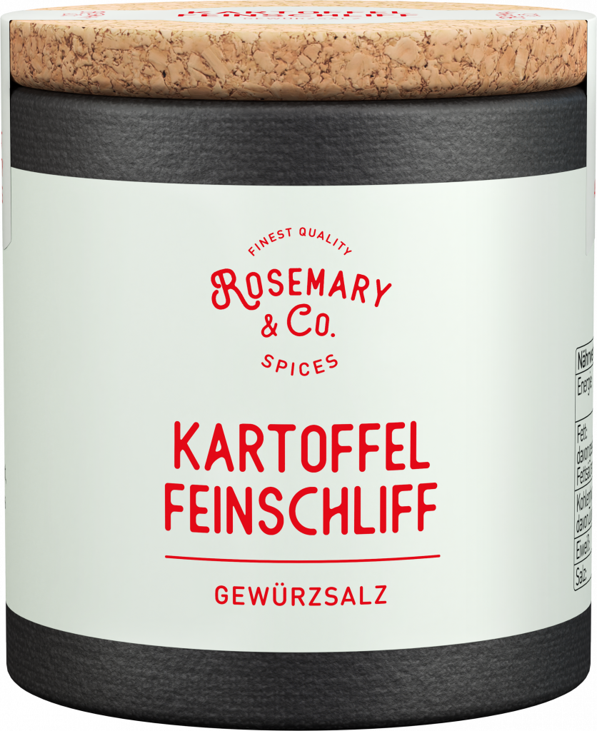 Dose Rosemary & Co. Gewürze Kartoffel Feinschliff mit Korkdeckel und weißem Etikett
