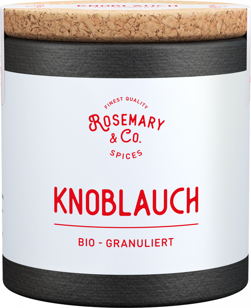 Dose aus Glas mit Korkdeckel, Etikett Rosemary & Co. Gewürze Bio Knoblauch, schwarz-weiß1