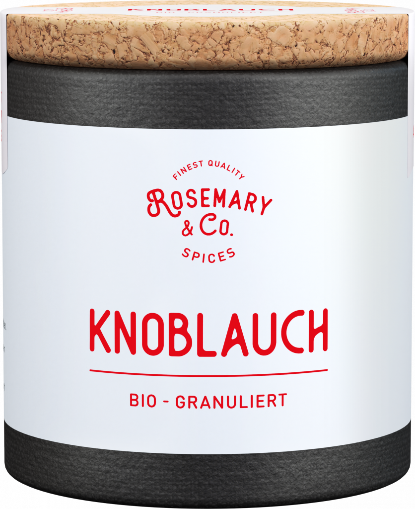 Dose aus Glas mit Korkdeckel, Etikett Rosemary & Co. Gewürze Bio Knoblauch, schwarz-weiß