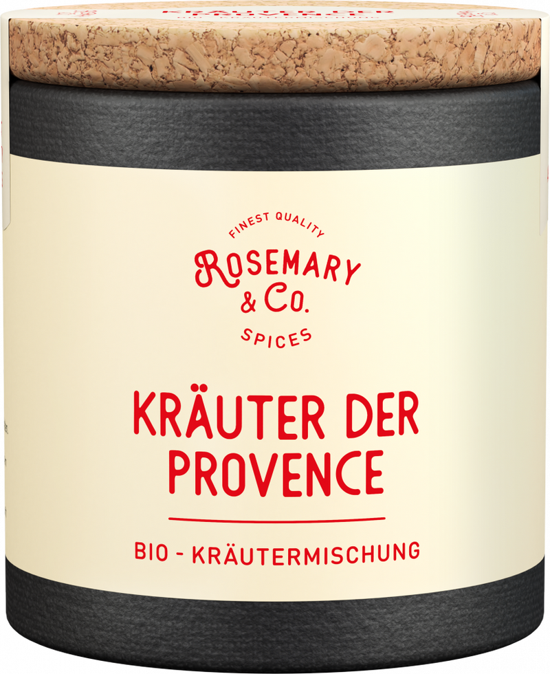 Dose Kräuter der Provence Bio von Rosemary & Co mit Korkdeckel, cremefarbenem Etikett, roter und schwarzer Schrift1