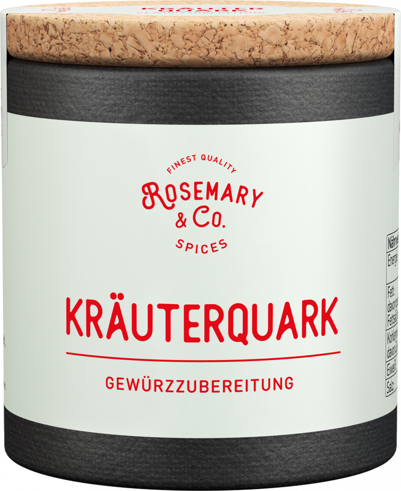 Dose Kräuterquark von Rosemary & Co. Gewürze mit Korkdeckel und weißem Etikett1