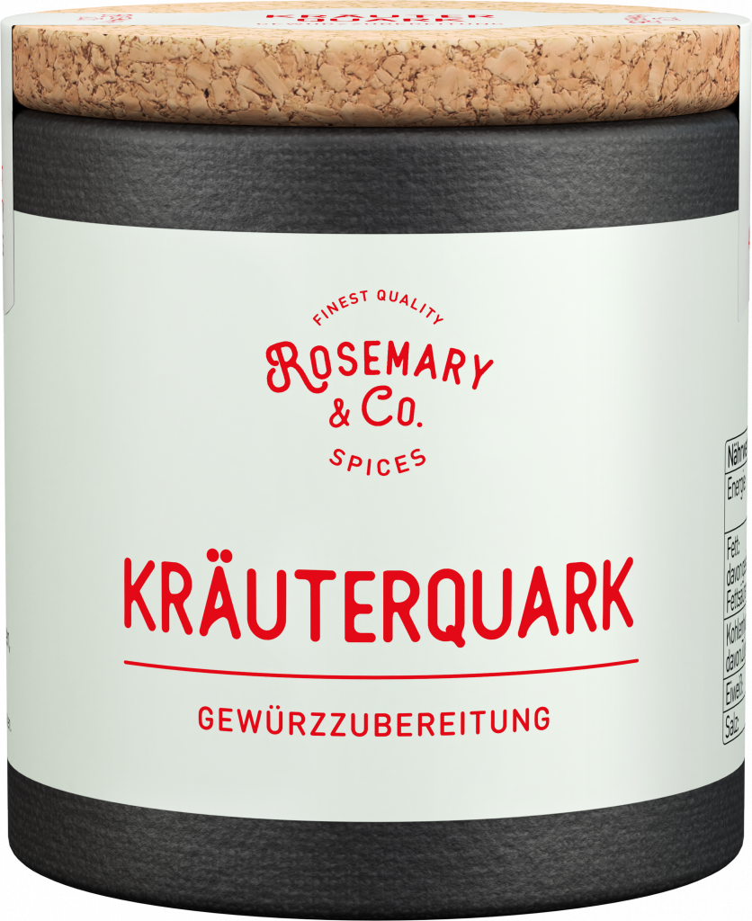 Dose Kräuterquark von Rosemary & Co. Gewürze mit Korkdeckel und weißem Etikett