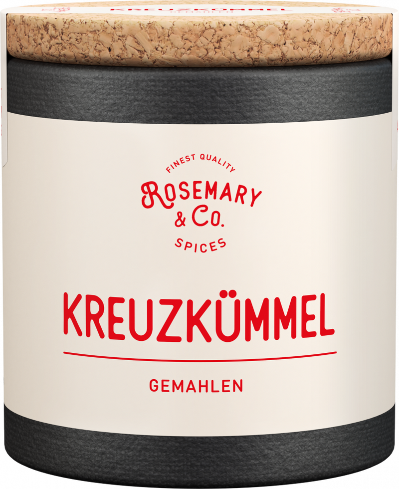 Dose mit Korkdeckel, Etikett Rosemary & Co. Gewürze, Aufschrift Kreuzkümmel1