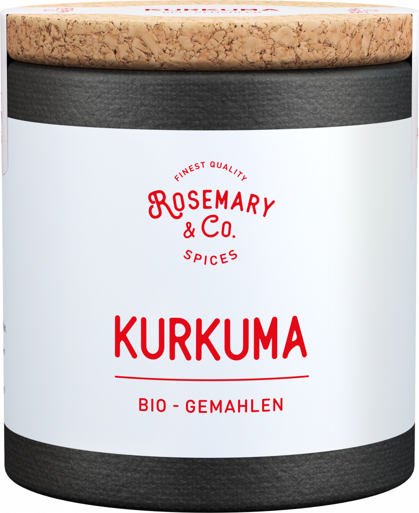 Dose mit Aufschrift Bio Kurkuma von Rosemary & Co. Gewürze und Korkdeckel