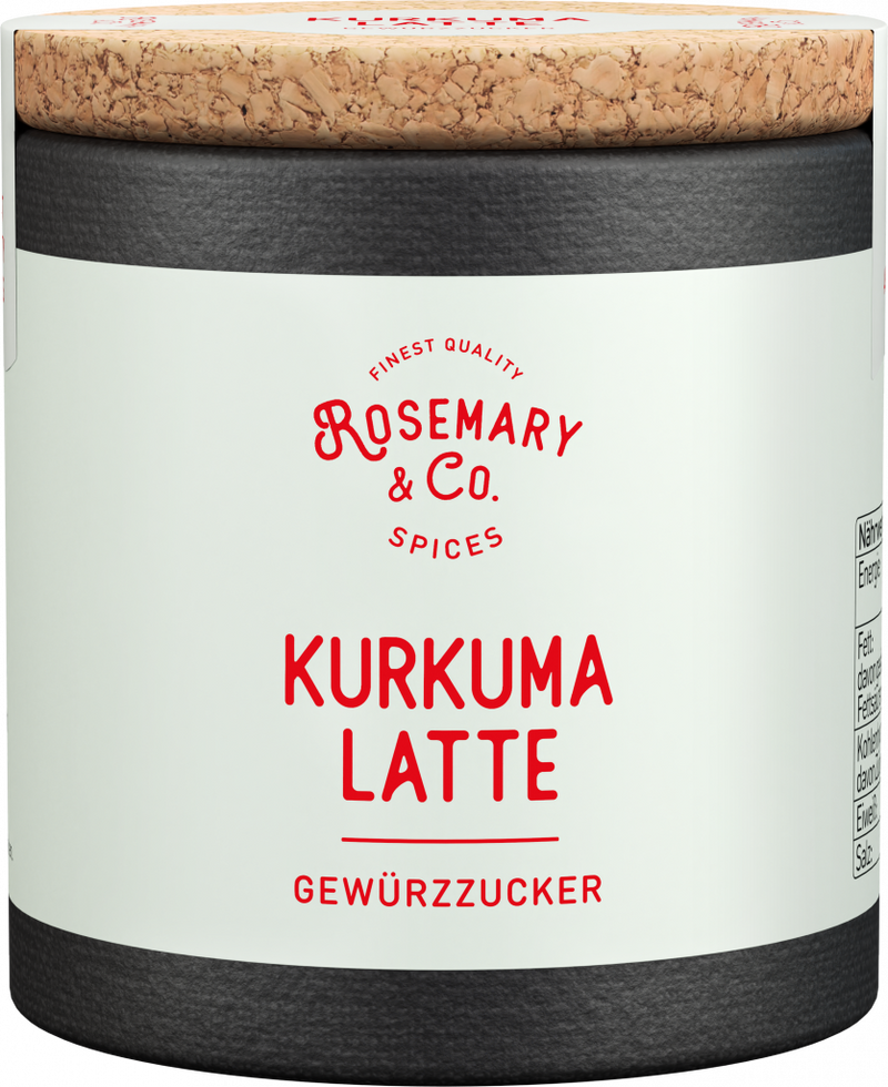 Dose mit Aufschrift Kurkuma Latte von Rosemary & Co. Gewürze, Korkdeckel1