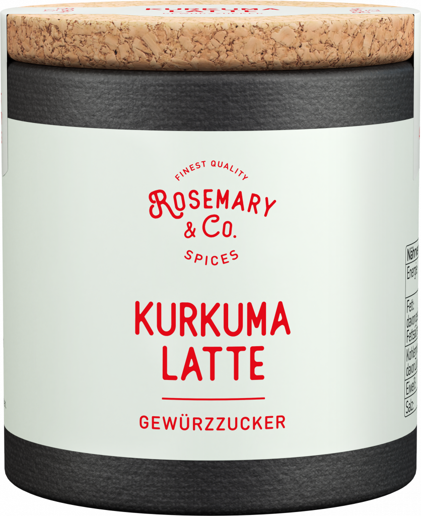 Dose mit Aufschrift Kurkuma Latte von Rosemary & Co. Gewürze, Korkdeckel