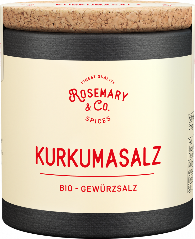 Dose Rosemary & Co. Bio Kurkuma Salz mit Korkdeckel und rotem Text auf cremefarbenem Etikett1