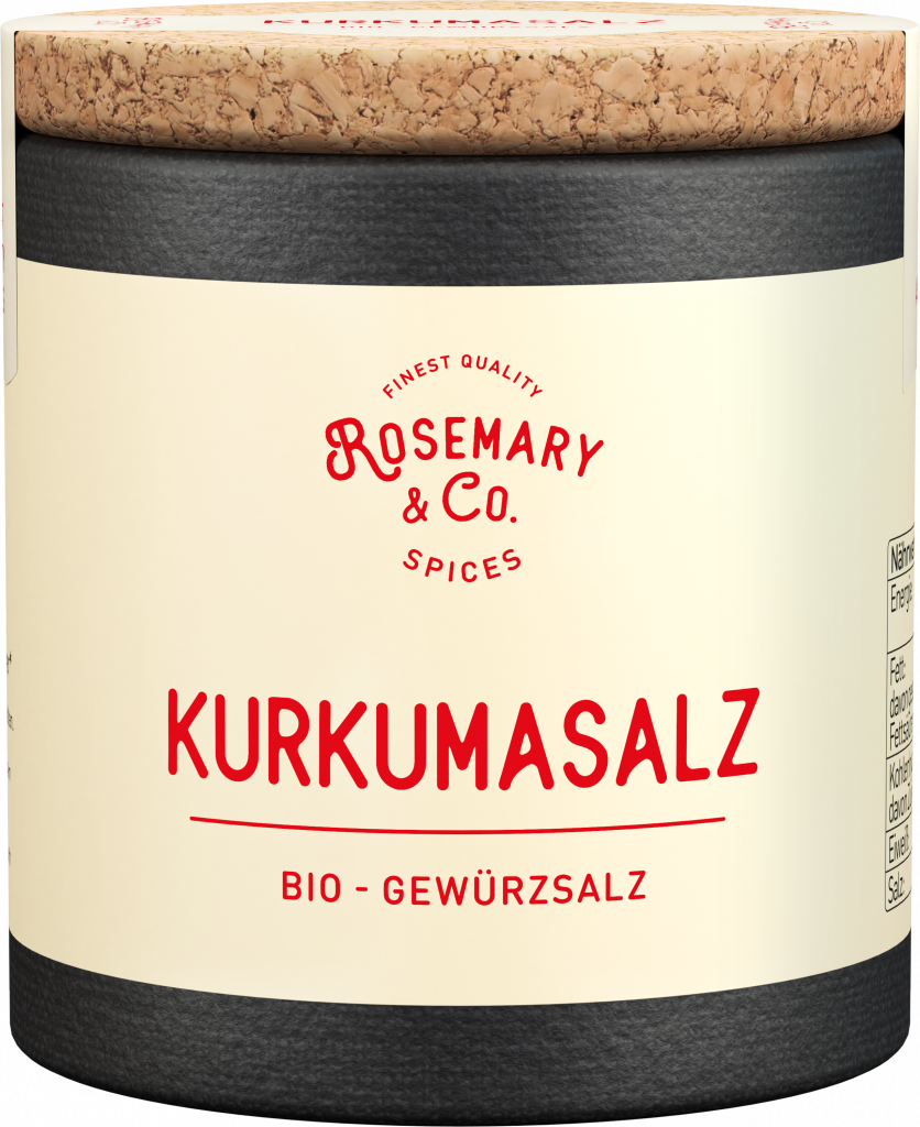 Dose Rosemary & Co. Bio Kurkuma Salz mit Korkdeckel und rotem Text auf cremefarbenem Etikett