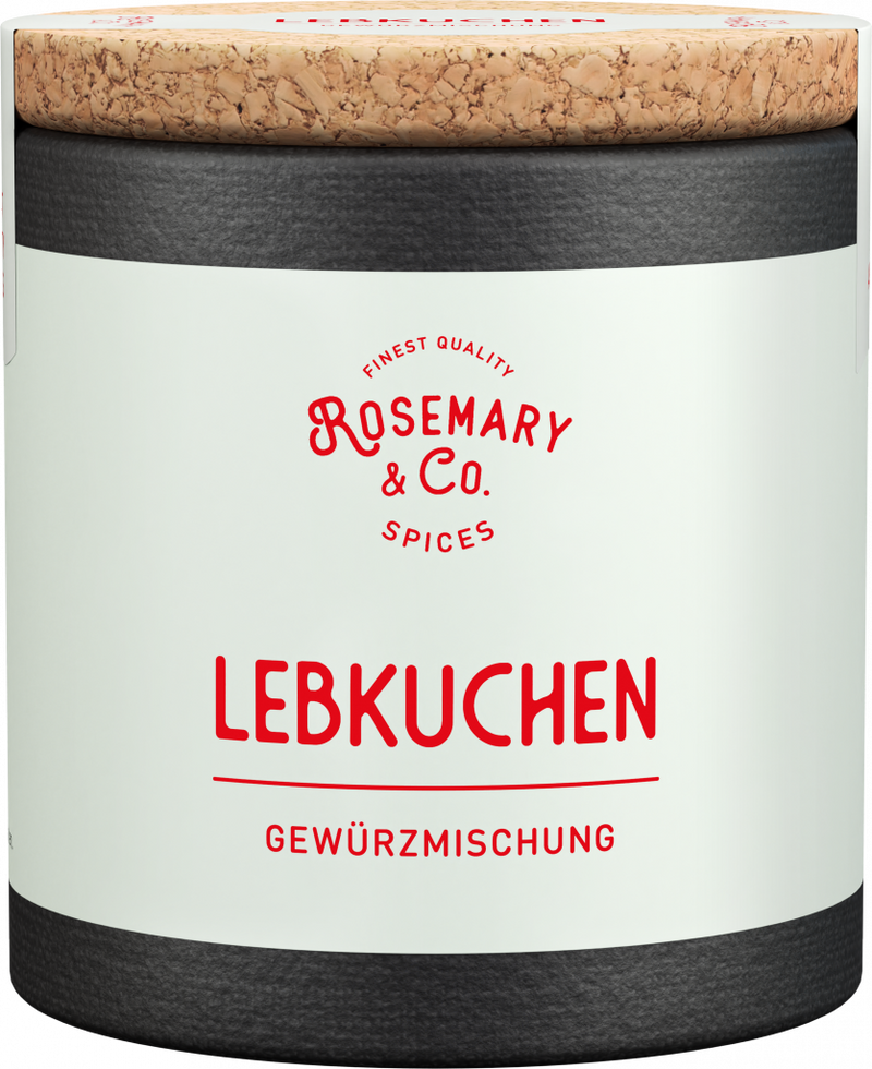 Runde Dose mit Korkdeckel, Aufschrift Rosemary & Co. Gewürze Lebkuchen Zauber in Rot und Schwarz1