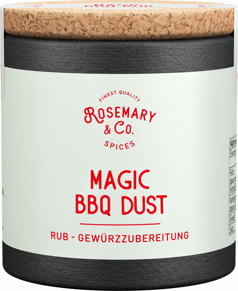Runde Dose Rosemary & Co. Magic BBQ Dust Gewürzmischung mit Korkdeckel und weißem Etikett
