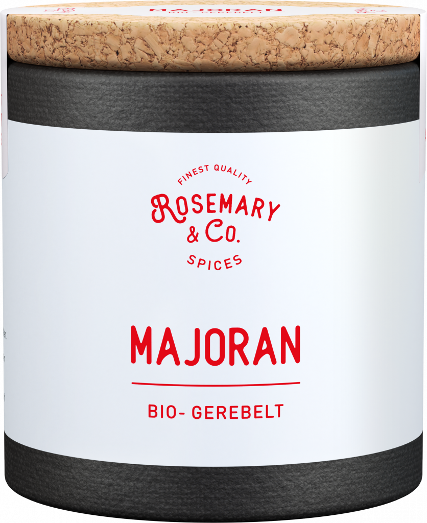 Schwarze und weiße Dose mit Korkdeckel, Aufschrift Bio Majoran, Marke Rosemary & Co