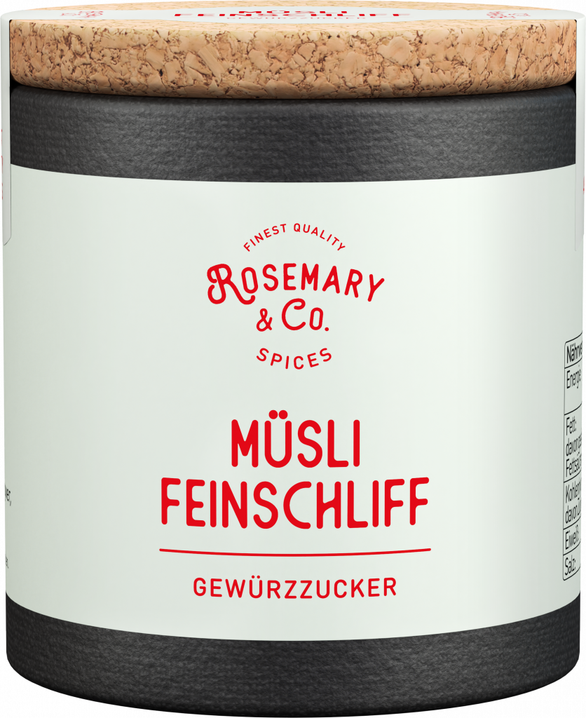 Dosis Rosemary & Co. Gewürze Müsli Feinschliff mit Korkdeckel und weißem Etikett