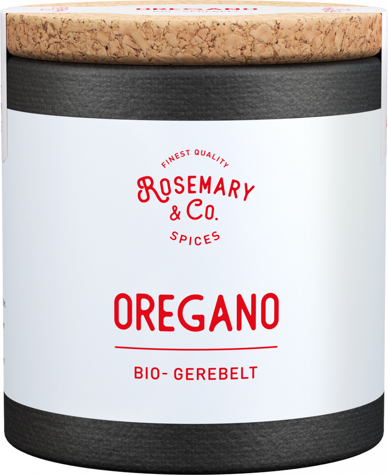 Runde Dose mit Korkdeckel, Aufschrift Rosemary & Co. Gewürze Bio Oregano in roter und schwarzer Schrift1