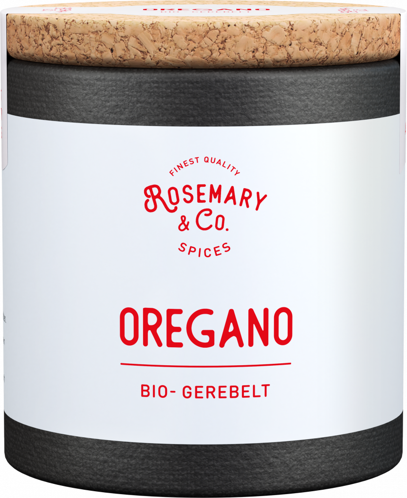 Runde Dose mit Korkdeckel, Aufschrift Rosemary & Co. Gewürze Bio Oregano in roter und schwarzer Schrift