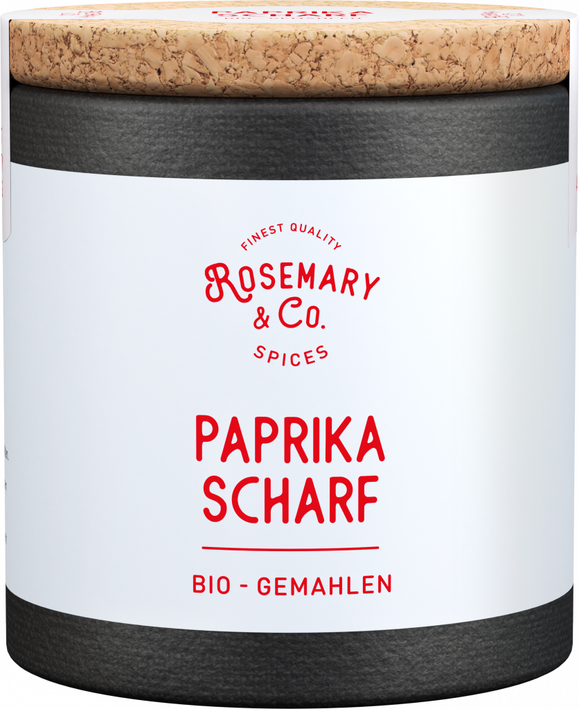 Schwarze und weiße Dose mit Korkdeckel, Aufschrift Bio Paprika Scharf, Marke Rosemary & Co. Gewürze