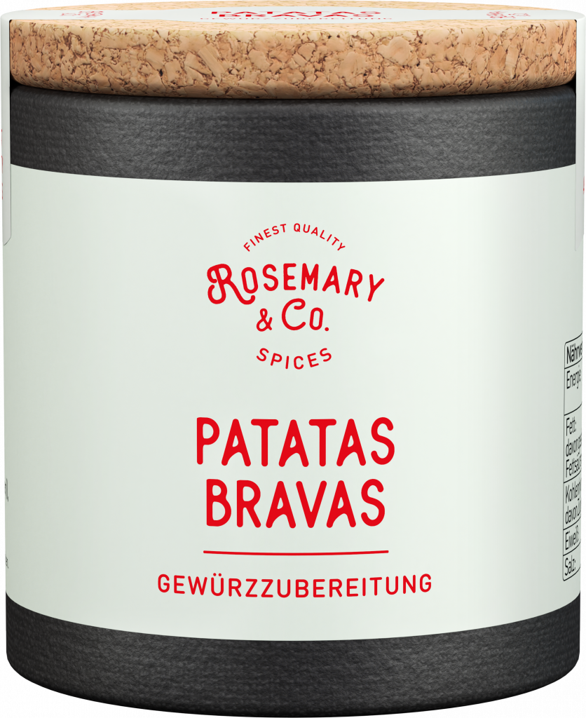Dose mit Korkdeckel, Aufschrift Rosemary & Co. Gewürze Patatas Bravas, schwarz-weiß