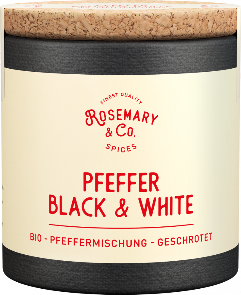 Dose mit schwarzem und weißem Bio-Pfeffer von Rosemary & Co, Korkdeckel, cremefarbenes Etikett1