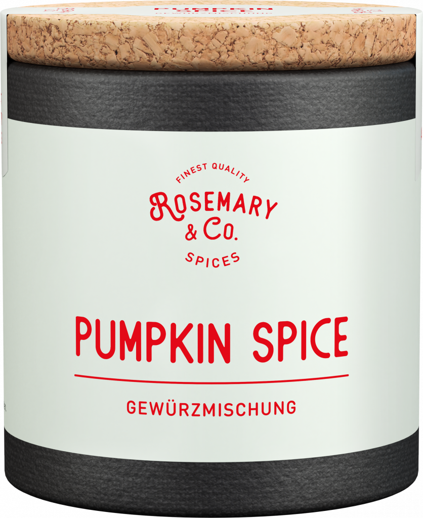 Dose Pumpkin Spice von Rosemary & Co Gewürze mit Korkdeckel und weißem Etikett