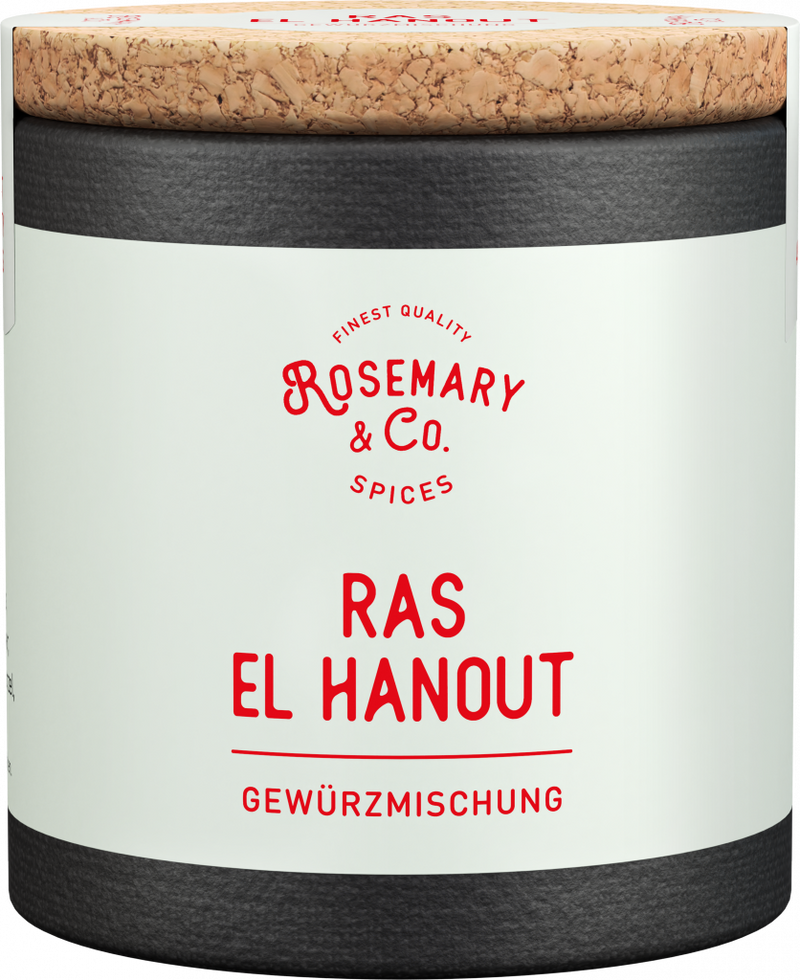 Dose mit Aufschrift Rosemary & Co. Gewürze Ras el Hanout und Korkdeckel1
