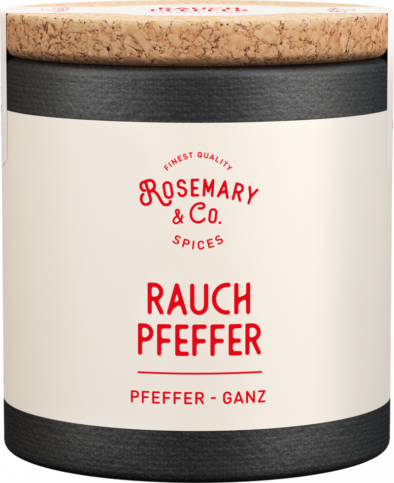 Runde Dose Rauchpfeffer von Rosemary & Co Gewürze mit Korkdeckel und creme-schwarzem Design1
