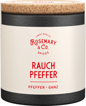 Runde Dose Rauchpfeffer von Rosemary & Co Gewürze mit Korkdeckel und creme-schwarzem Designall4