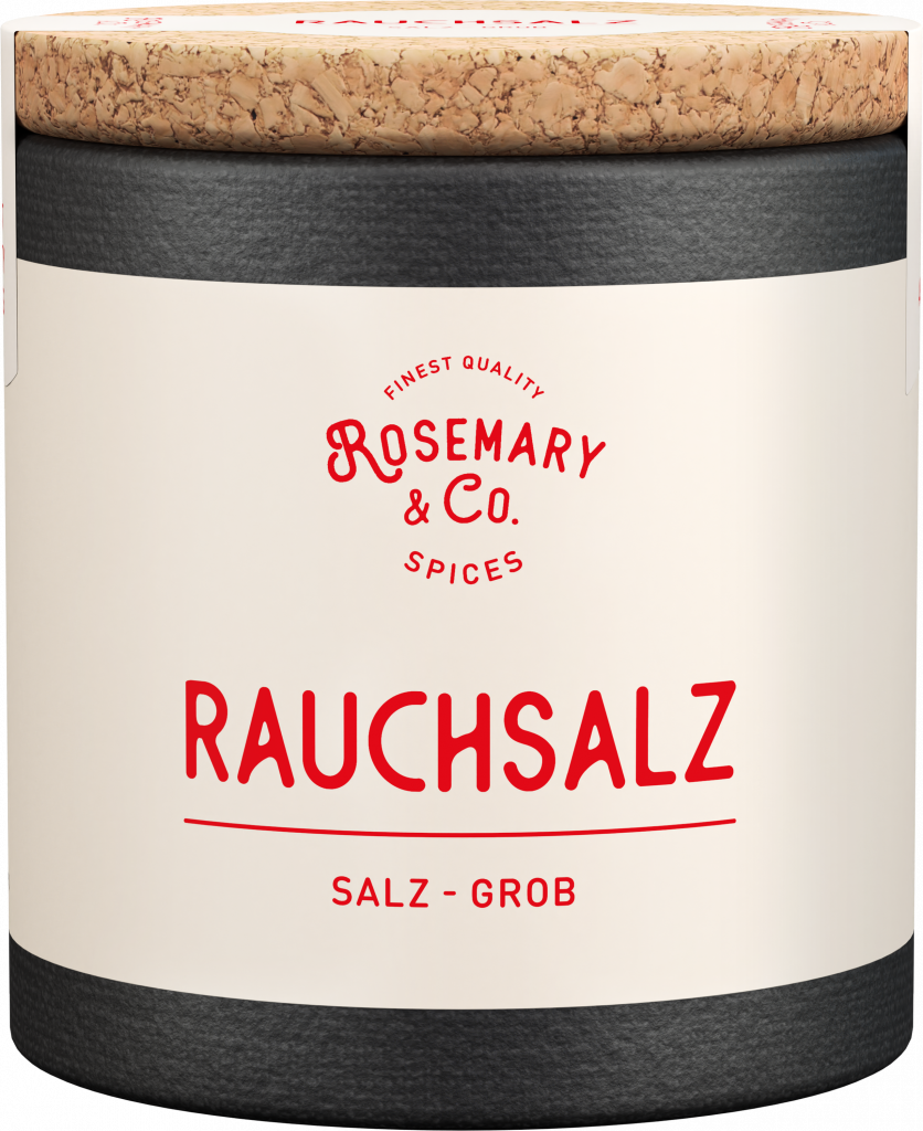 Schwarze und weiße Dose mit Korkdeckel, Aufschrift Rauchsalz, Marke Rosemary & Co Gewürze
