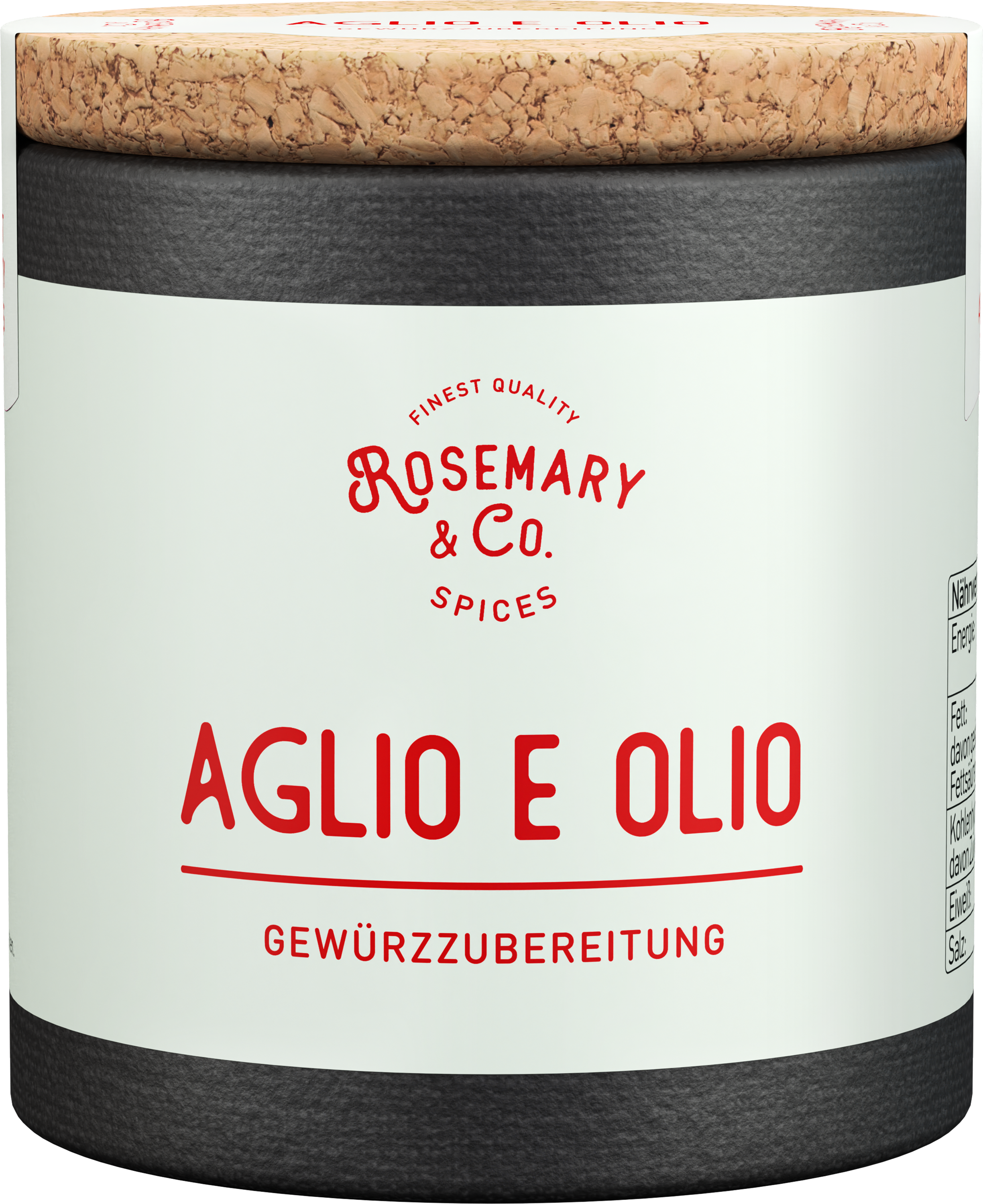 Runde Dose Rosemary & Co. Gewürze Aglio e Olio mit Etikett und Korkdeckel