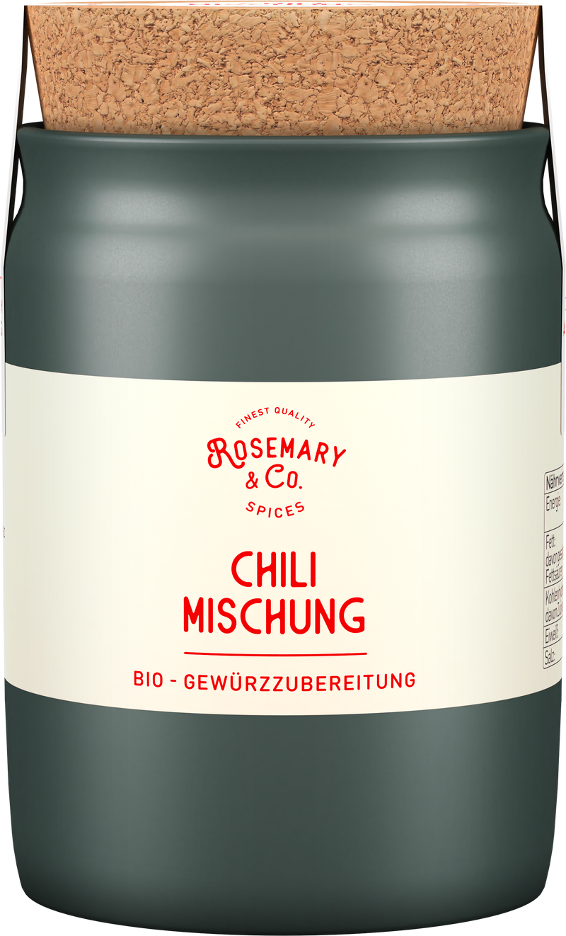 Graue Keramikdose mit Korkdeckel, Aufschrift Rosemary & Co. Gewürze Bio Chili Mischung1