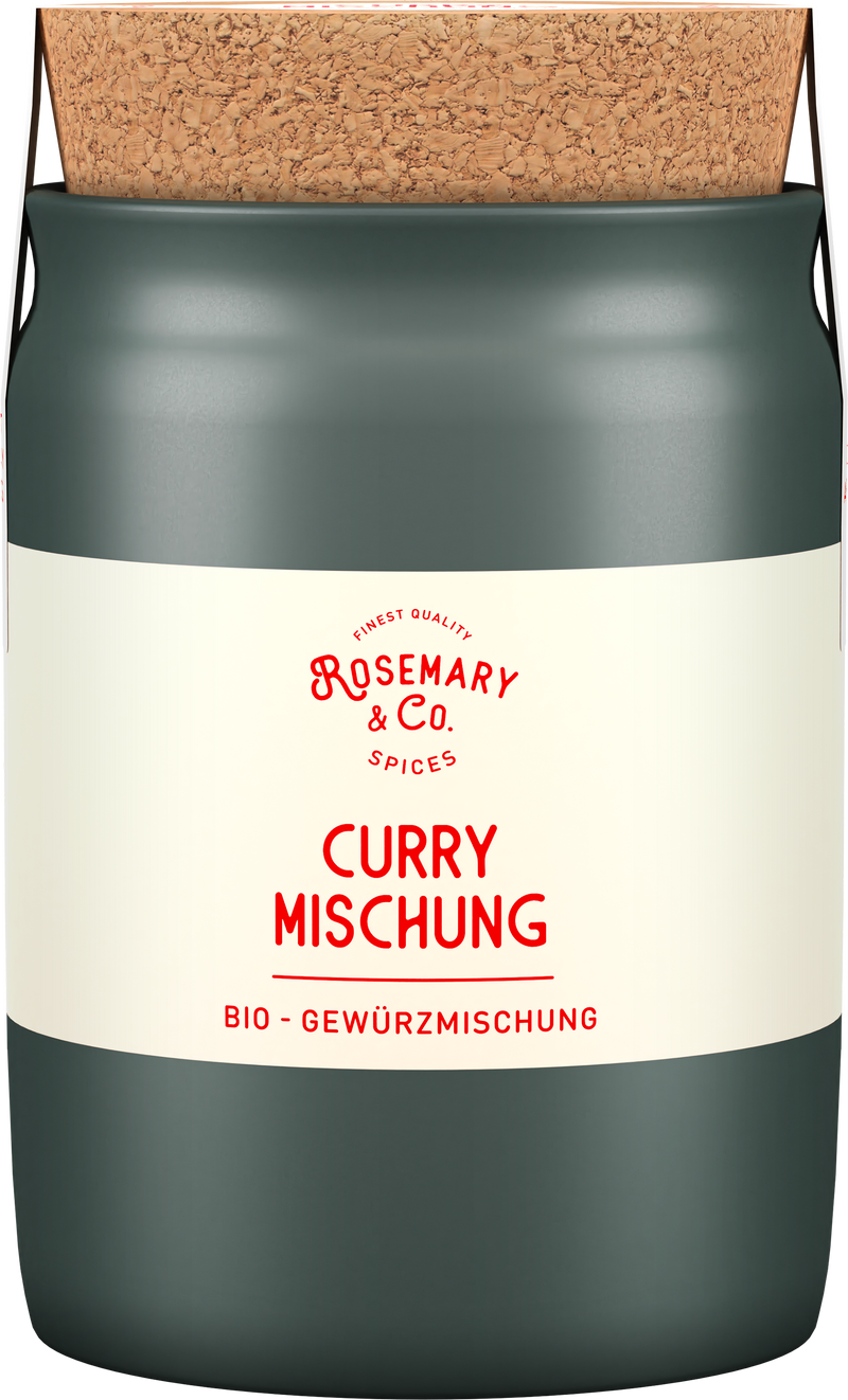 Grüne Keramikdose mit Korkdeckel, Aufschrift Bio Curry Mischung von Rosemary & Co Gewürze1