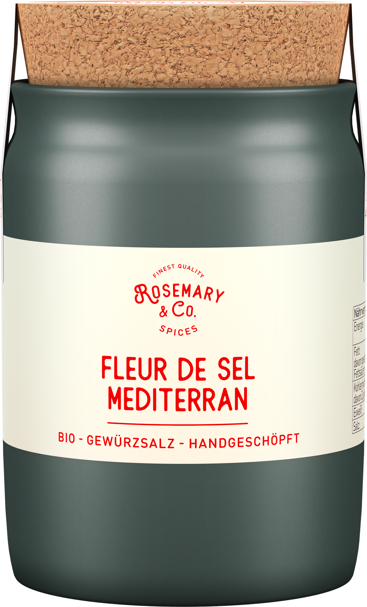 Grüne Keramikdose mit Korkdeckel, Aufschrift Bio Fleur de Sel Mediterran von Rosemary & Co. Gewürze