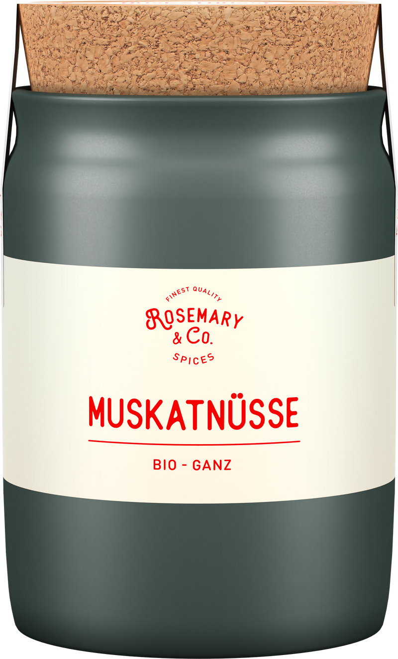 Grüne Keramikdose mit Korkdeckel, Aufschrift Bio Muskatnüsse, Marke Rosemary & Co Gewürze1