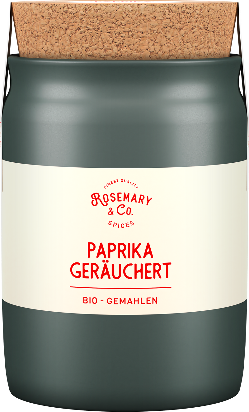 Dunkelgrüne Dose mit Aufschrift Bio Paprika Geräuchert von Rosemary & Co Gewürze und Korkdeckel1