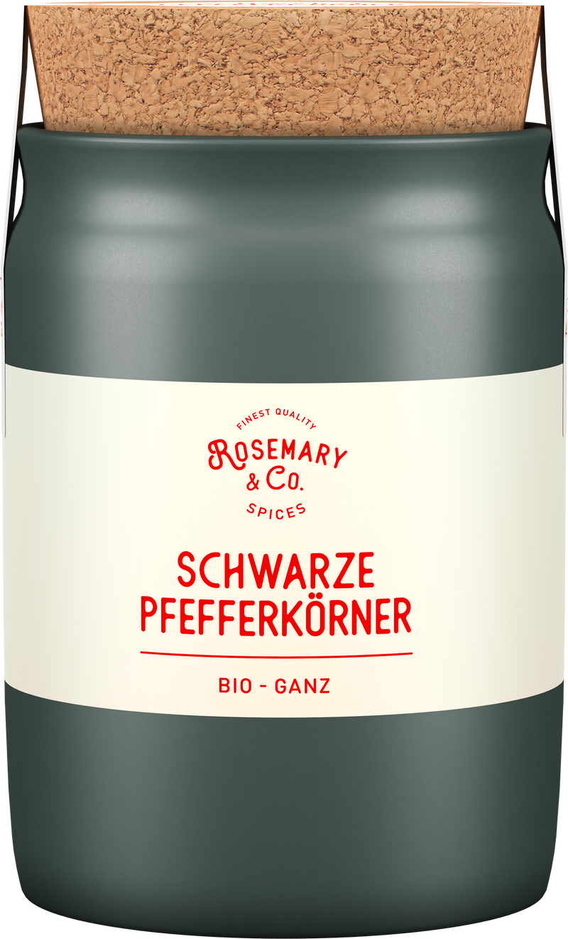 Grüne Keramikdose mit Aufschrift Bio Schwarze Pfefferkörner von Rosemary & Co Gewürze, Korkdeckel1