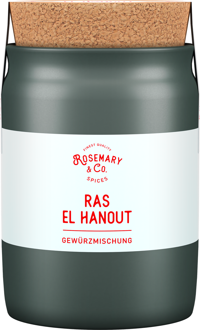 Schwarze Keramikdose mit Korkdeckel, Aufschrift Rosemary & Co. Gewürze Ras el Hanout1