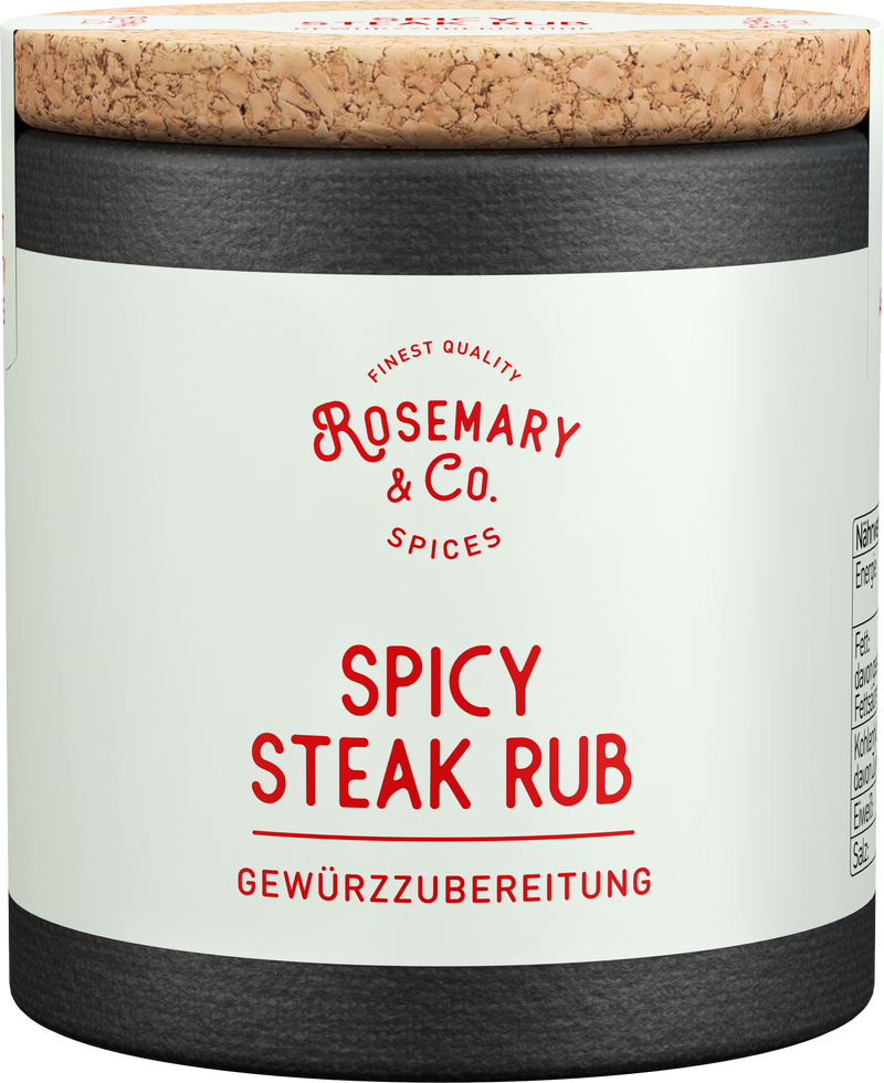 Dose mit Aufschrift Rosemary & Co. Gewürze Spicy Steak Rub, Korkdeckel, rote Schrift auf weißem Hintergrund1
