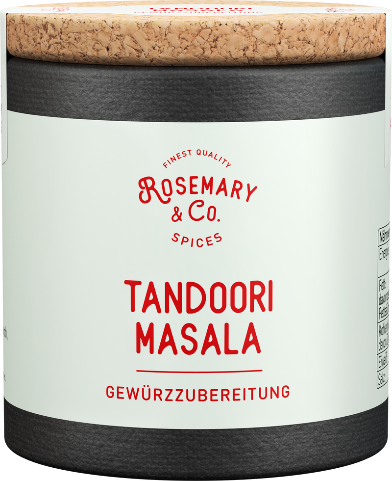 Dose Rosemary & Co. Tandoori Masala Gewürzmischung mit Korkdeckel und weißem Etikett1