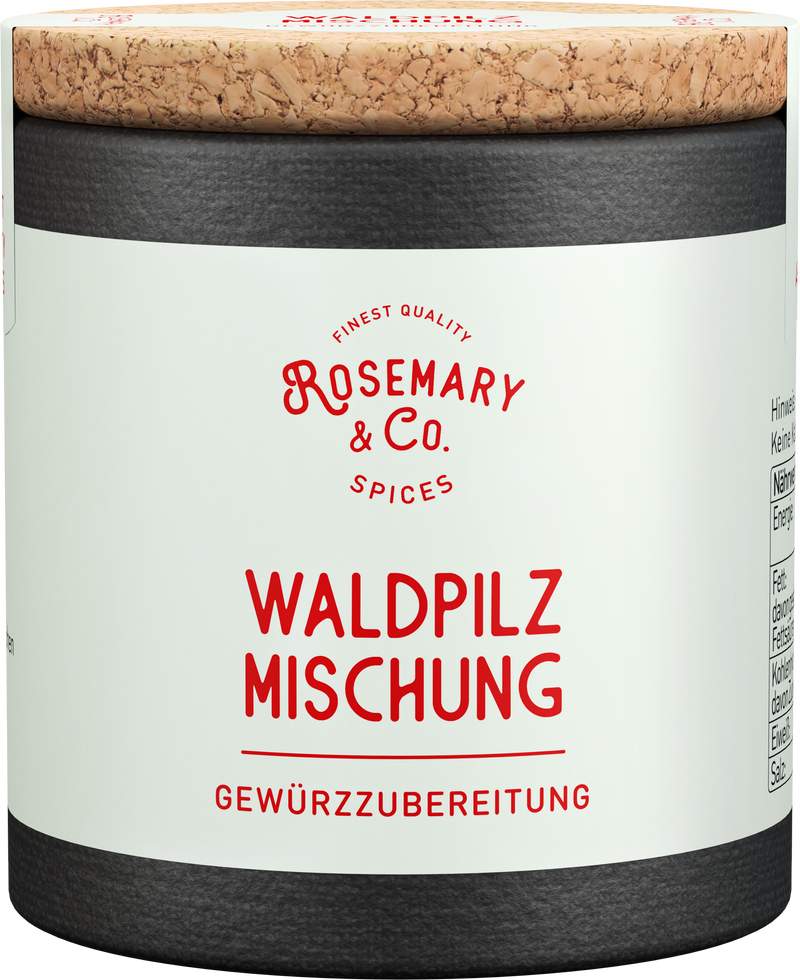 Zylindrische Dose Waldpilz Mischung von Rosemary & Co Gewürze mit Korkdeckel und weißem Etikett1