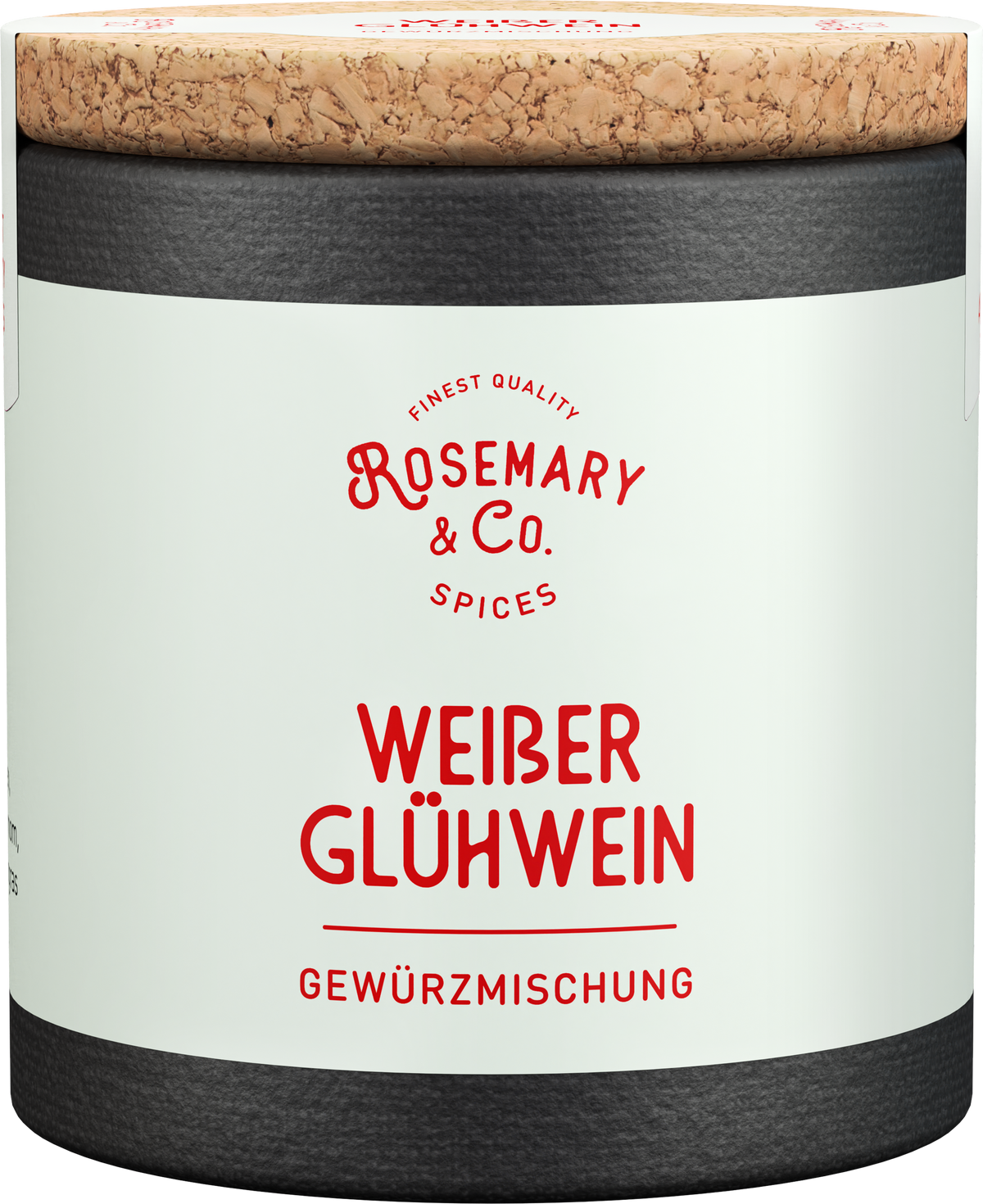Dose mit Korkdeckel, Etikett Weißer Glühwein, Marke Rosemary & Co. Gewürze, schwarz-weißes Design
