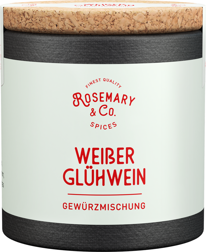 Dose mit Korkdeckel, Etikett Weißer Glühwein, Marke Rosemary & Co. Gewürze, schwarz-weißes Design1