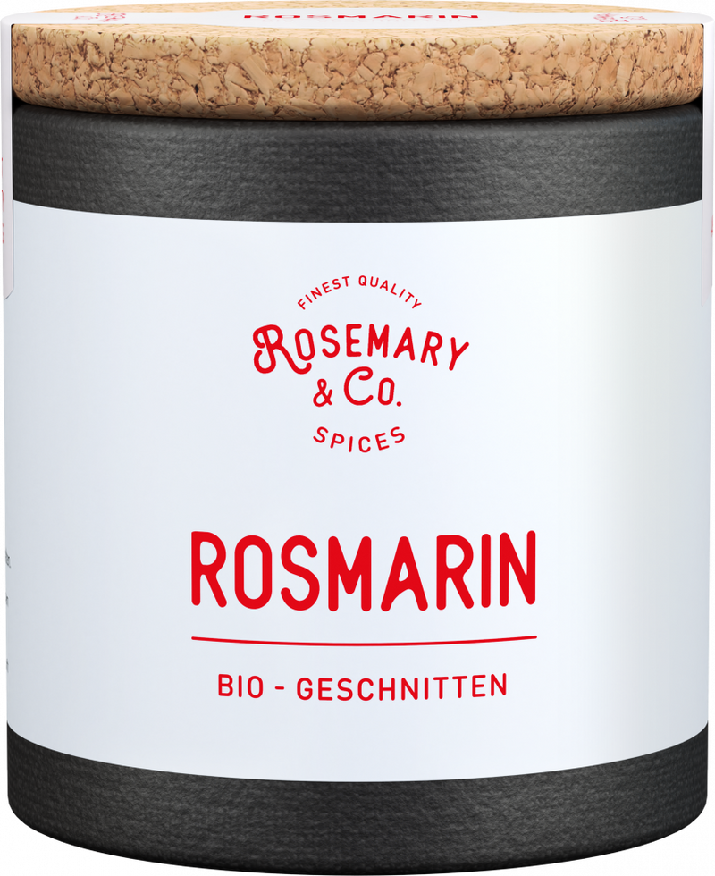Dose Bio Rosmarin von Rosemary & Co Gewürze mit Korkdeckel und weißem Etikett mit roter Schrift1