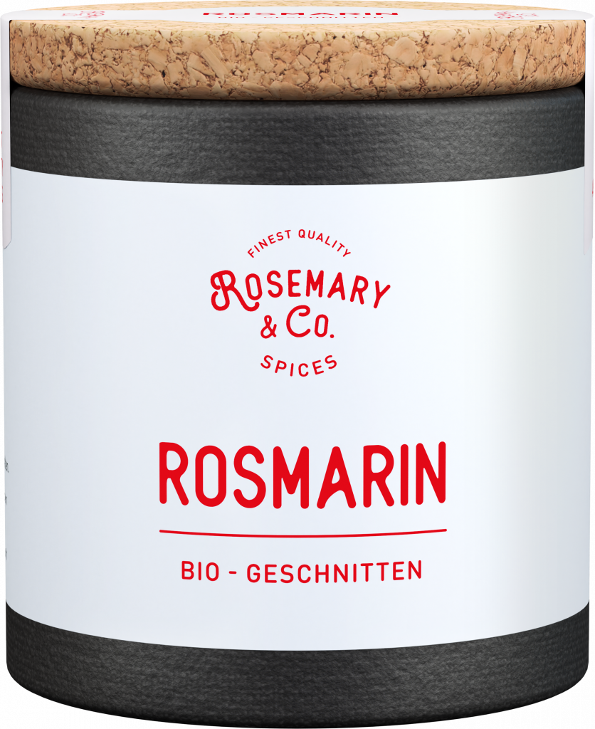 Dose Bio Rosmarin von Rosemary & Co Gewürze mit Korkdeckel und weißem Etikett mit roter Schrift