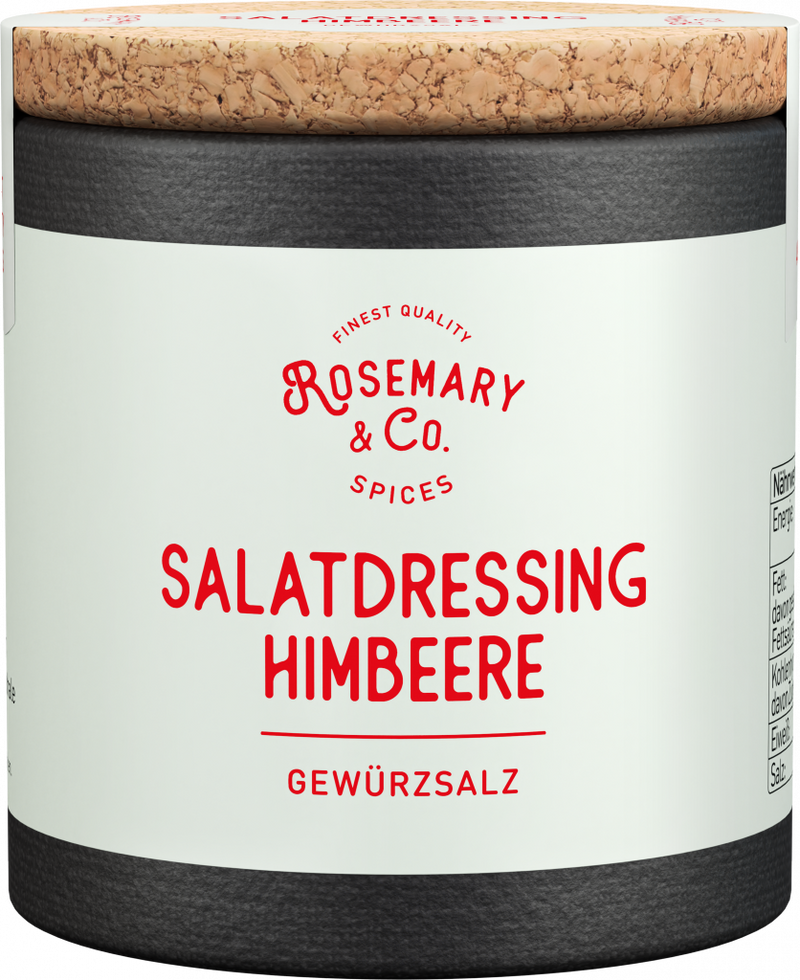 Dose Rosemary & Co. Gewürze Salatdressing Himbeere mit Korkdeckel und weiß-schwarzem Design1